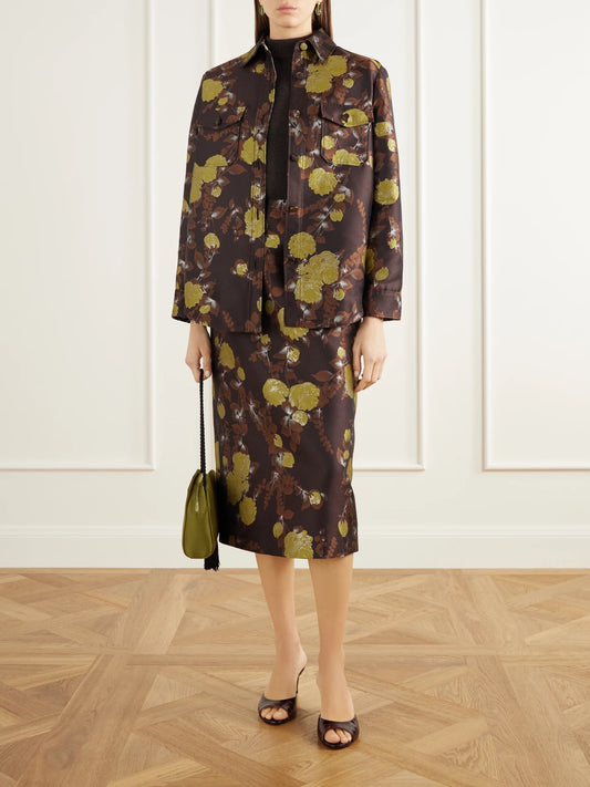 Image of a model wearing Skirts. Product name - Metallic Floral-jacquard Twill Midi Skirt in Brown colour by brand - La DoubleJ