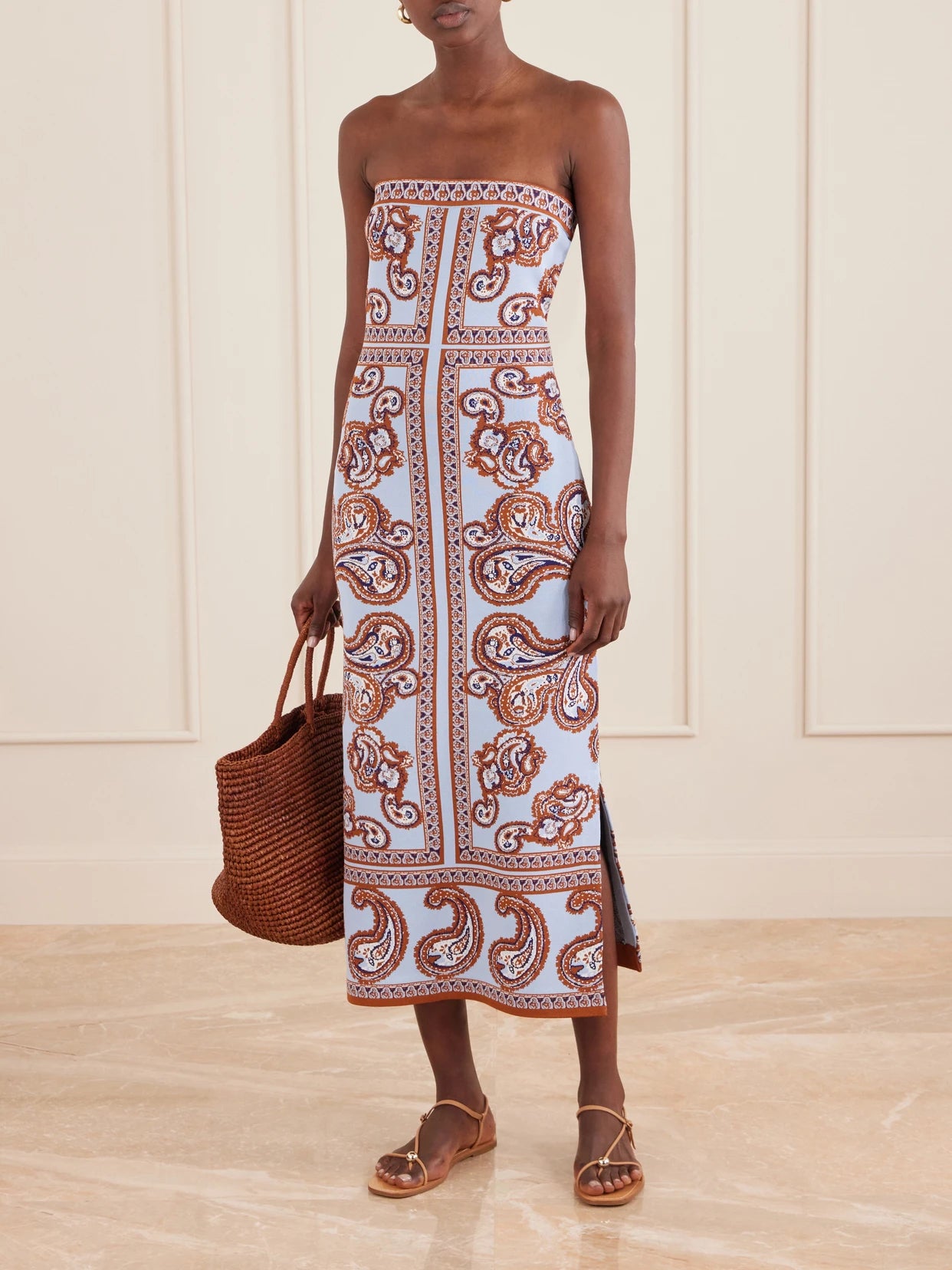 Image of Dresses. Product name - Rome Printed Strapless Midi Dress in Blue colour by brand - Cara Cara