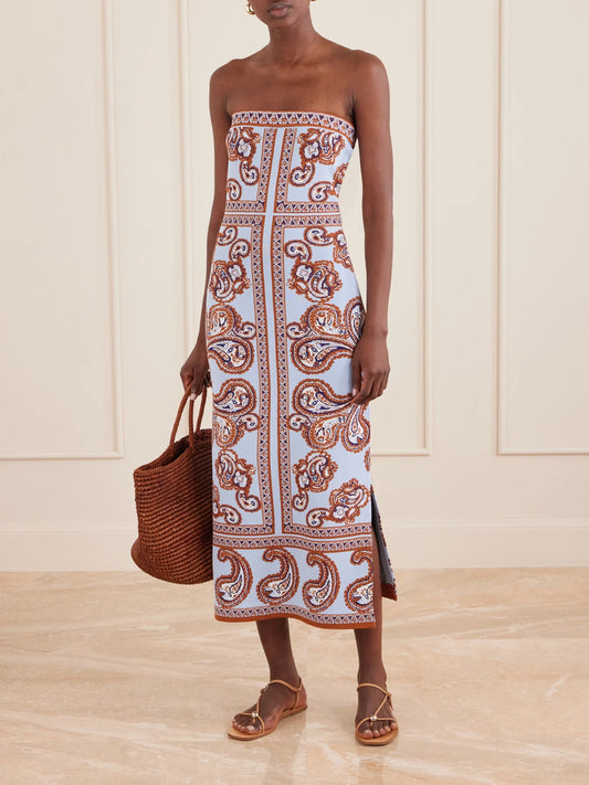 Image of Dresses. Product name - Rome Printed Strapless Midi Dress in Blue colour by brand - Cara Cara