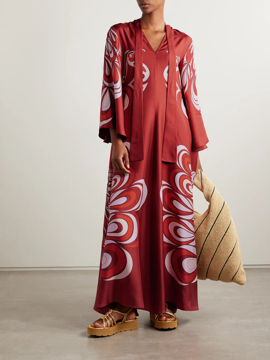 Image of Dresses. Product name - Icon Magnifico Printed Silk-twill Maxi Dress in Red colour by brand - La DoubleJ