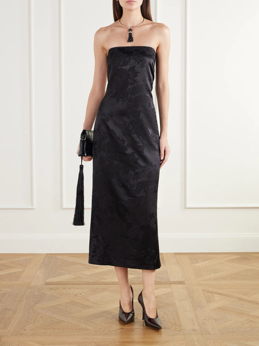 Image of Dresses. Product name - Strapless Floral-jacquard Wool And Silk-blend Midi Dress in Black colour by brand - ST. AGNI