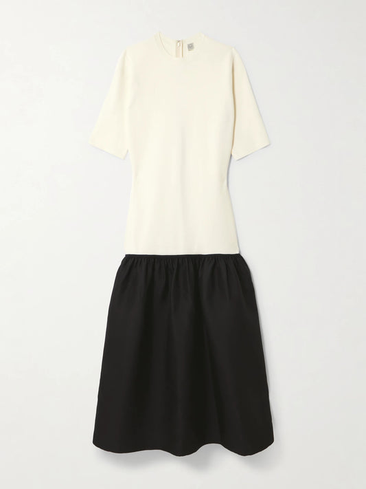 Image of Dresses. Product name - Twinflower Gathered Ribbed-knit And Wool And Silk-blend Crepe Midi Dress in Ecru colour by brand - TOTEME