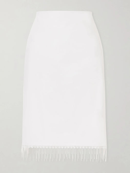 Image of a model wearing Skirts. Product name - Lace-trimmed Cotton Midi Skirt in White colour by brand - RÓHE