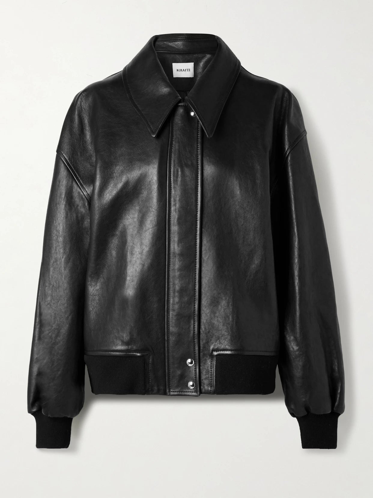 Image of Coats & Jackets. Product name - Shelman Leather Bomber Jacket in Black colour by brand - KHAITE