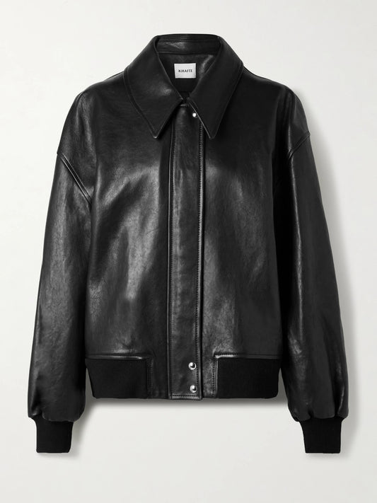 Image of Coats & Jackets. Product name - Shelman Leather Bomber Jacket in Black colour by brand - KHAITE