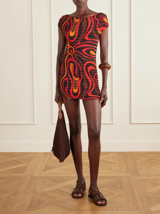 Image of Dresses. Product name - Shibori Crinkled-crepe Printed Mini Dress in Orange colour by brand - PUCCI