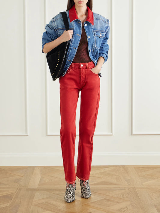 Image of Coats & Jackets. Product name - Devyn Leather-trimmed Denim Jacket in Mid denim, Dark gray colour by brand - ISABEL MARANT