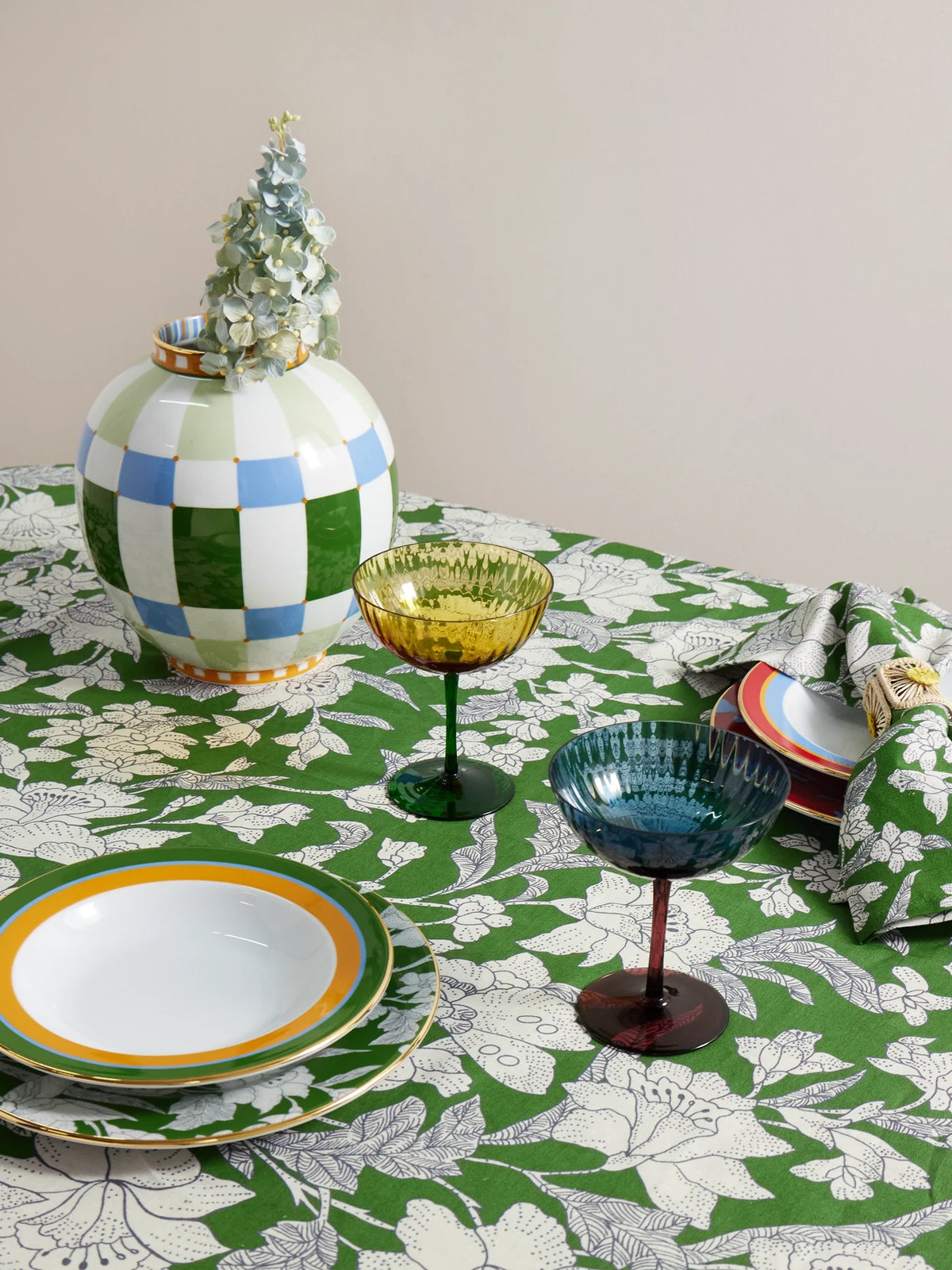 Image of Tableware. Product name - Large Floral-print Linen Tablecloth in Green colour by brand - La DoubleJ