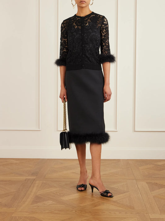 Feather-trimmed Cotton Corded Lace Cardigan