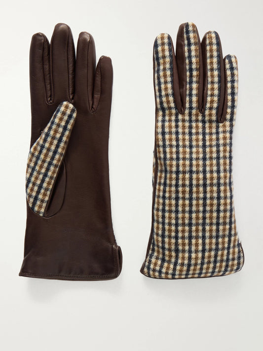 Checked Wool And Leather Gloves