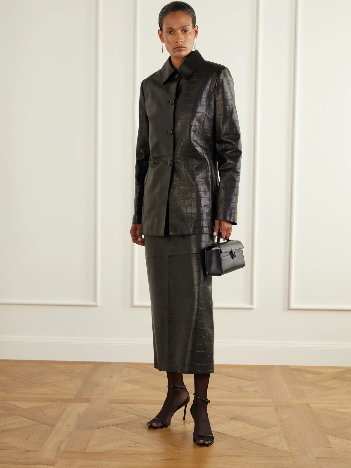 Image of Coats & Jackets. Product name - Clara Croc-effect Leather Jacket in Black colour by brand - Nour Hammour
