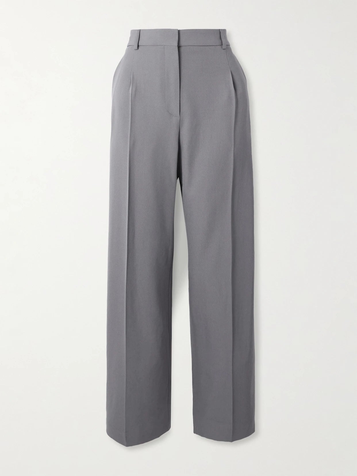 Image of a model wearing Pants. Product name - Capri Pleated Wool-gabardine Straight-leg Pants in Gray colour by brand - Alaïa