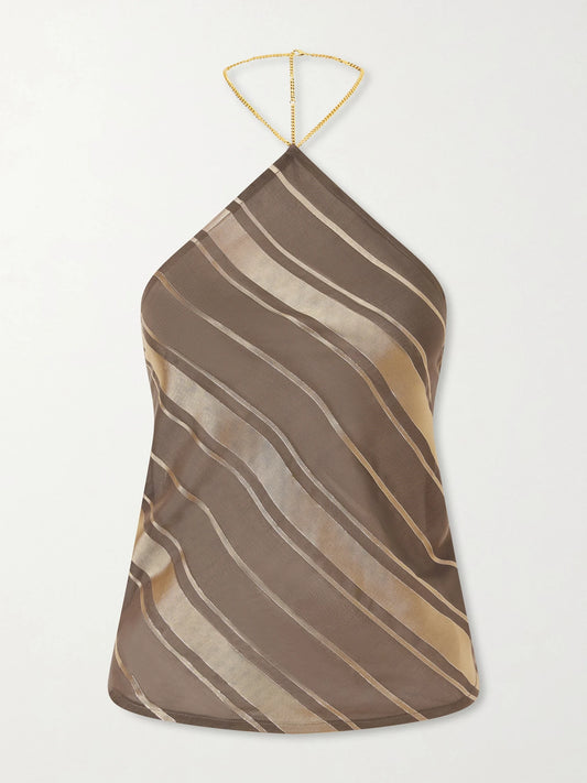 Image of a model wearing Tops. Product name - Striped Open-back Satin Tank in Light brown colour by brand - Stella McCartney
