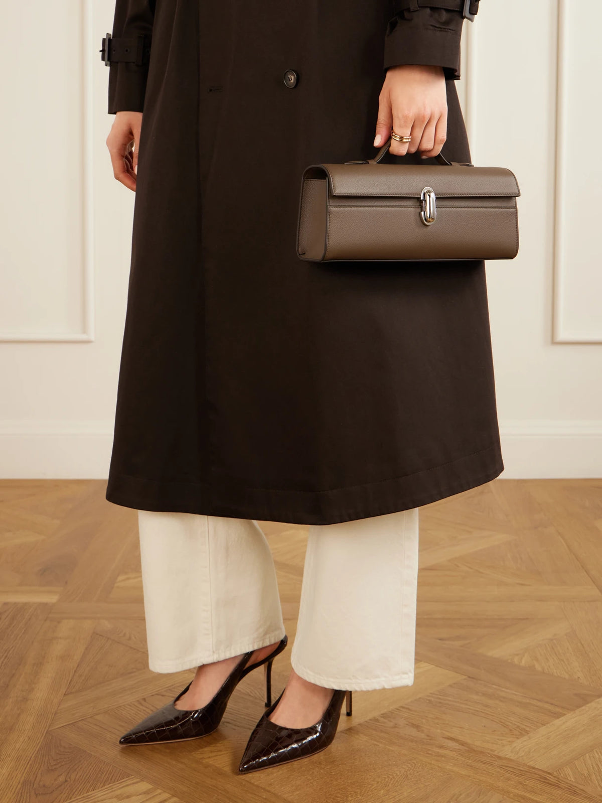 Image of Bags. Product name - Slim Symmetry Leather Clutch in Taupe colour by brand - Savette