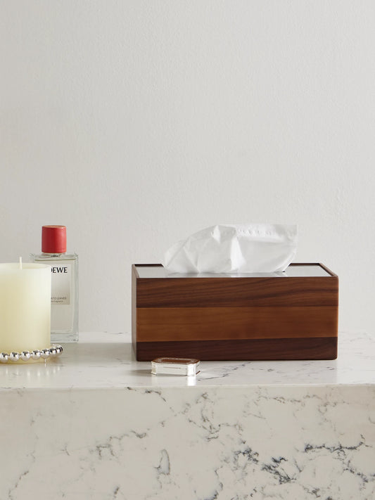 Image of Decor. Product name - Uni Walnut And Stainless Steel Tissue Box in Dark brown colour by brand - Christofle