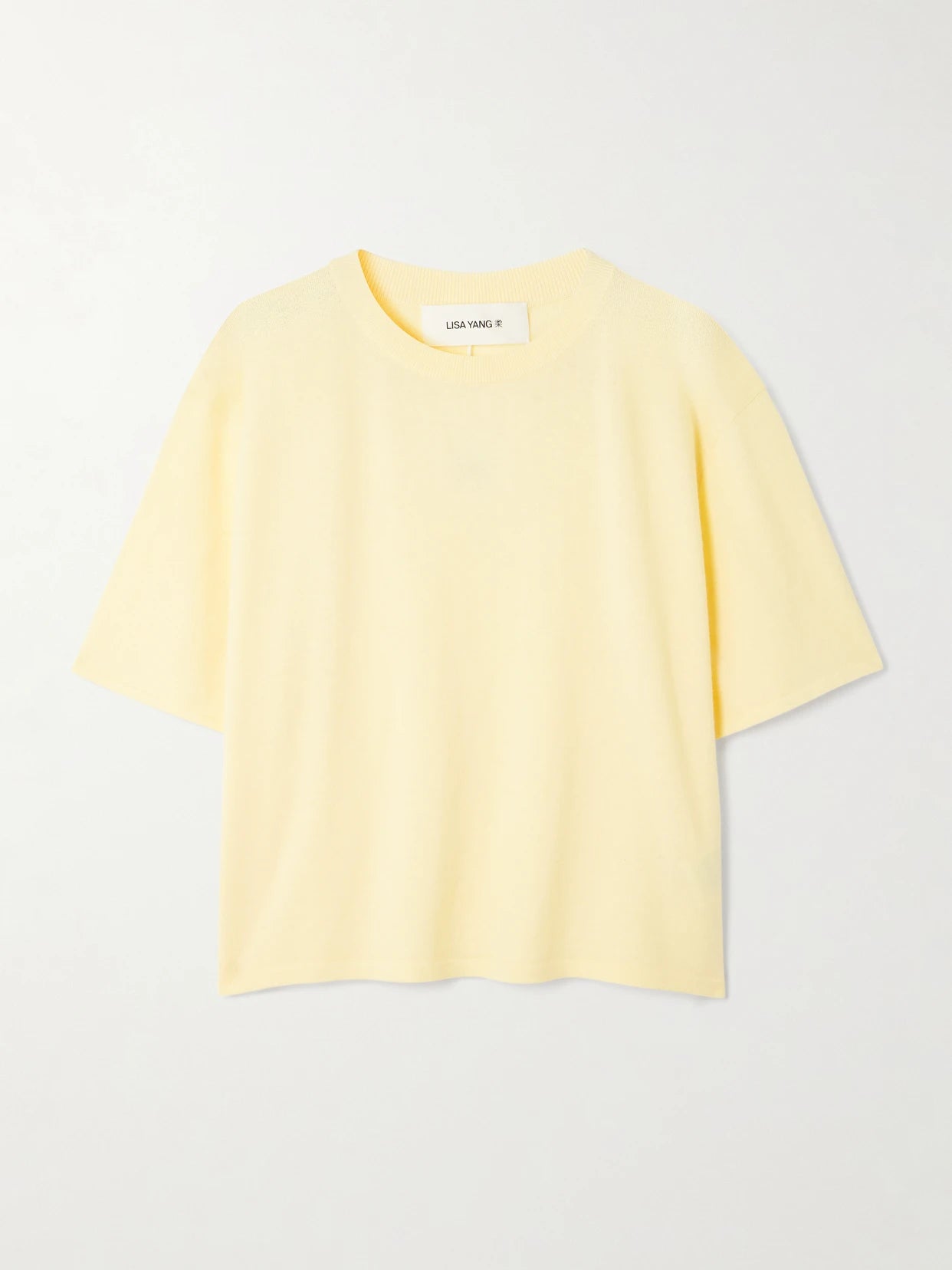 Image of a model wearing Tops. Product name - Rubie Cotton And Cashmere-blend T-shirt in Pastel yellow colour by brand - LISA YANG