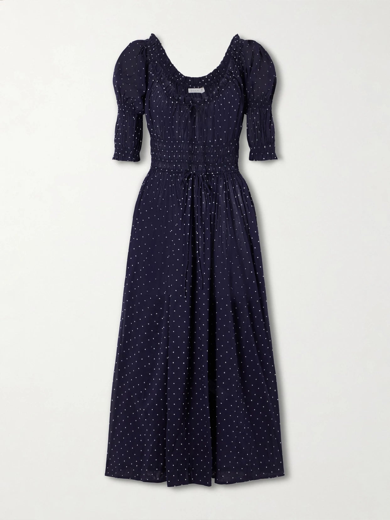 Image of Dresses. Product name - Ischia Shirred Polka-dot Organic Cotton-voile Midi Dress in Navy colour by brand - DÔEN
