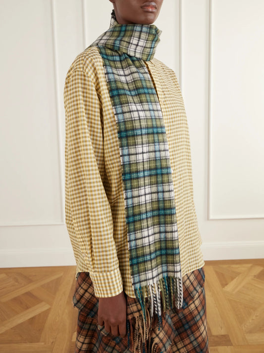 Image of Scarves & Shawls. Product name - Fringed Checked Cashmere Scarf in Green colour by brand - Auralee