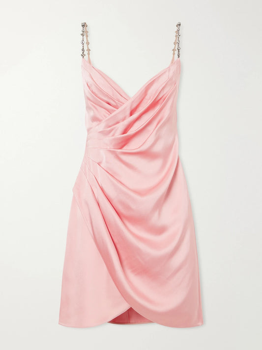 Image of Dresses. Product name - Crystal-embellished Pleated Cady Mini Dress in Pink colour by brand - Valentino Garavani