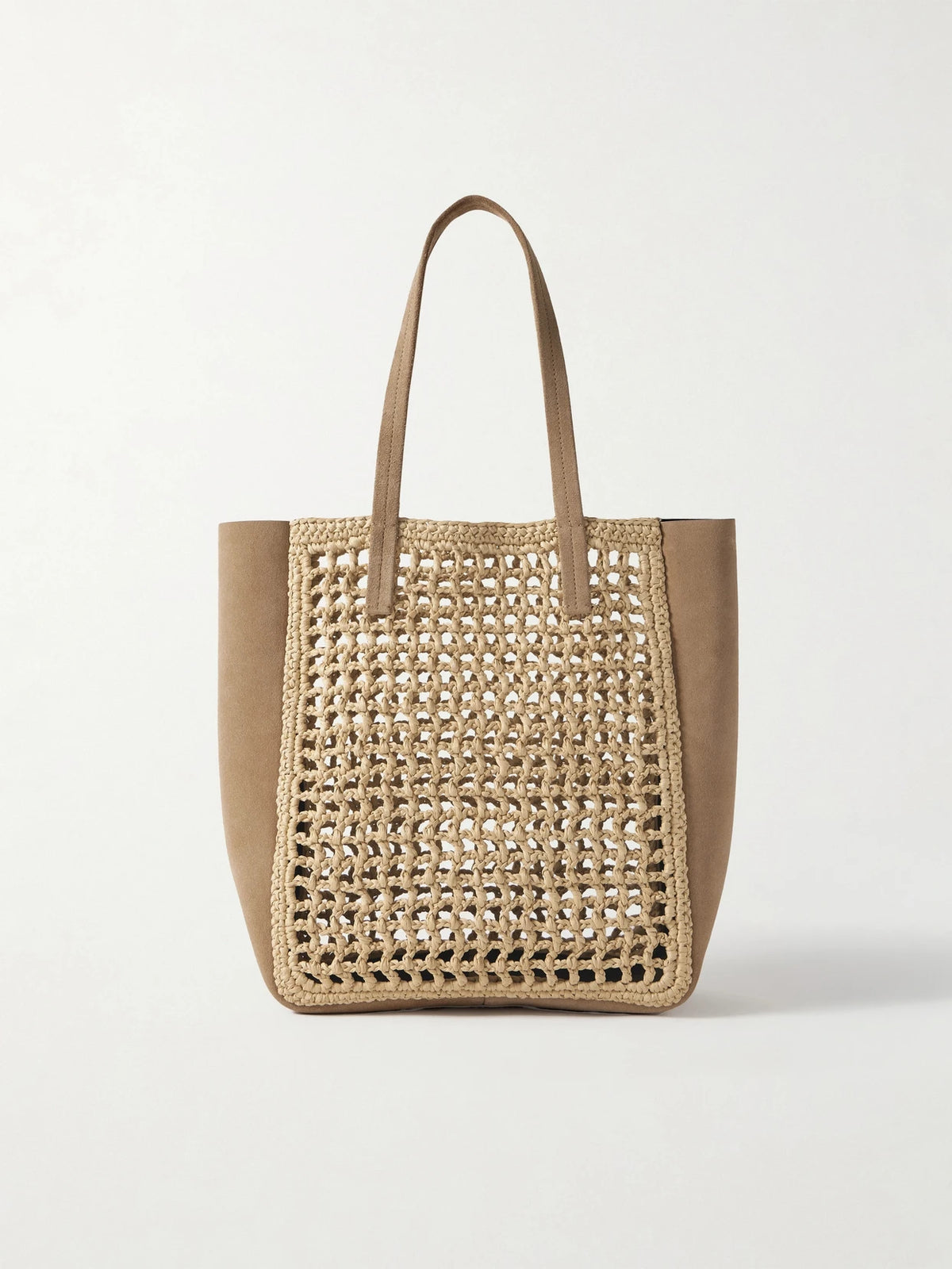 Zoe Small Suede And Crocheted Raffia Tote