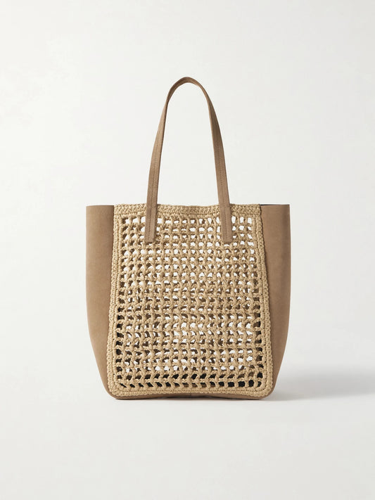 Zoe Small Suede And Crocheted Raffia Tote