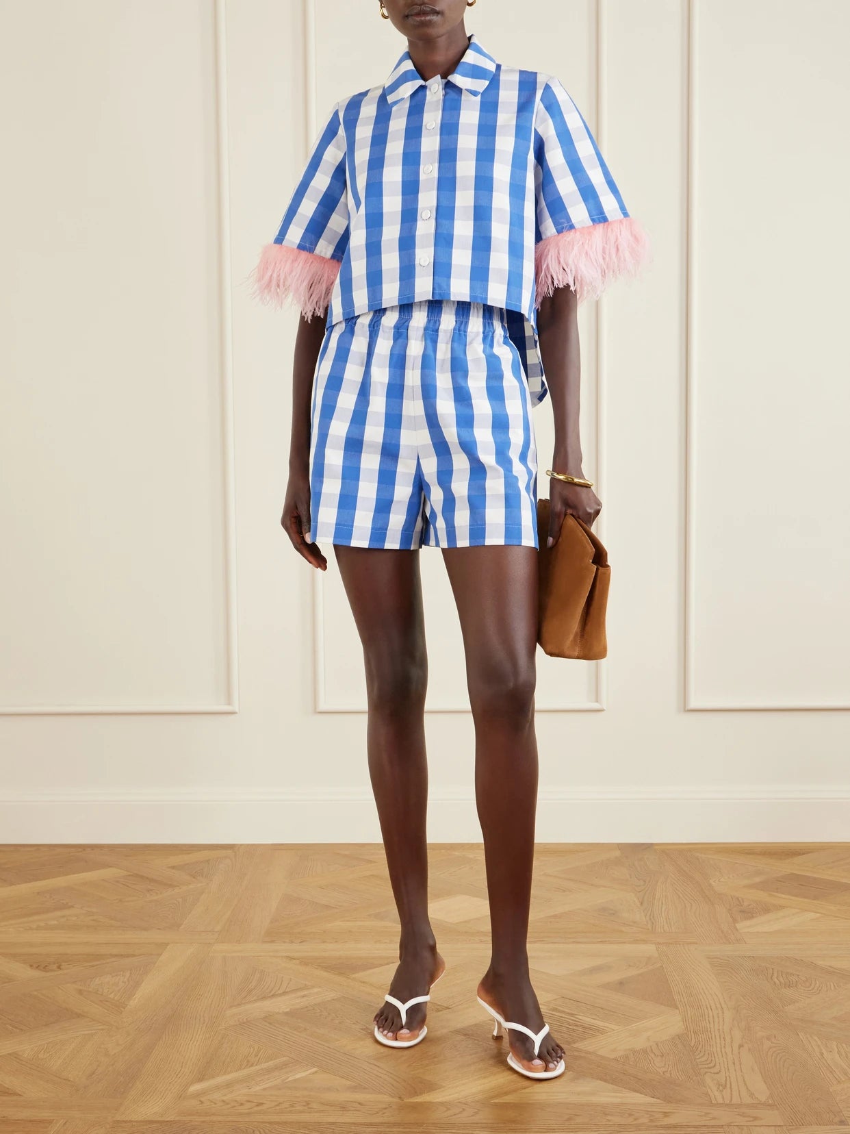 Image of Blouses. Product name - Picnic Cropped Checked Feather-trimmed Cotton-blend Blouse in Royal blue colour by brand - Marta Ferri