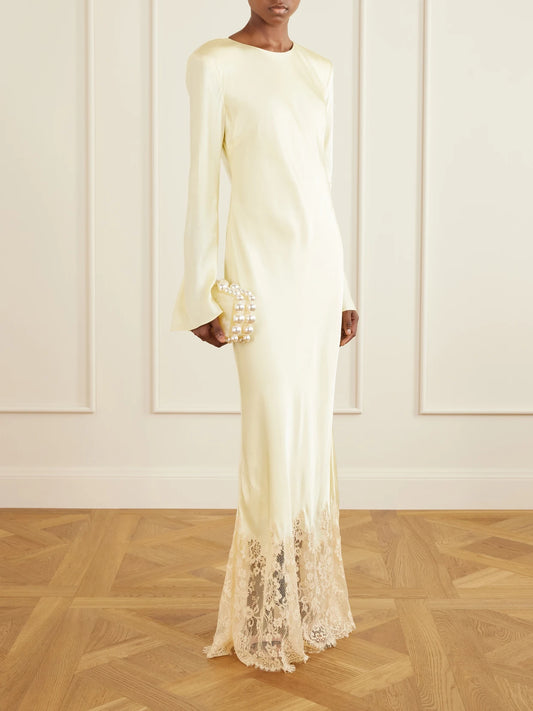 Image of Dresses. Product name - Lace-trimmed Satin Maxi Dress in Yellow colour by brand - Self-Portrait