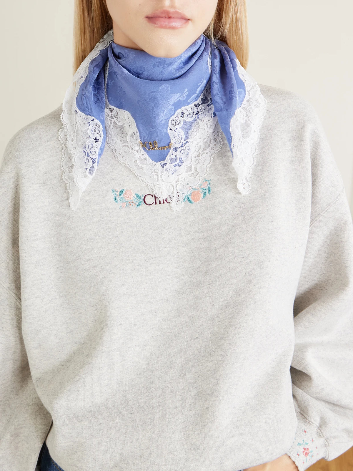 Image of Scarves & Shawls. Product name - Lace-trimmed Silk Scarf in Blue colour by brand - Chloé