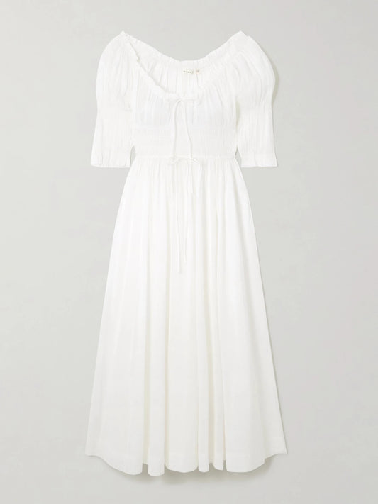 Image of Dresses. Product name - Ischia Shirred Organic Cotton-blend Voile Midi Dress in White colour by brand - DÔEN