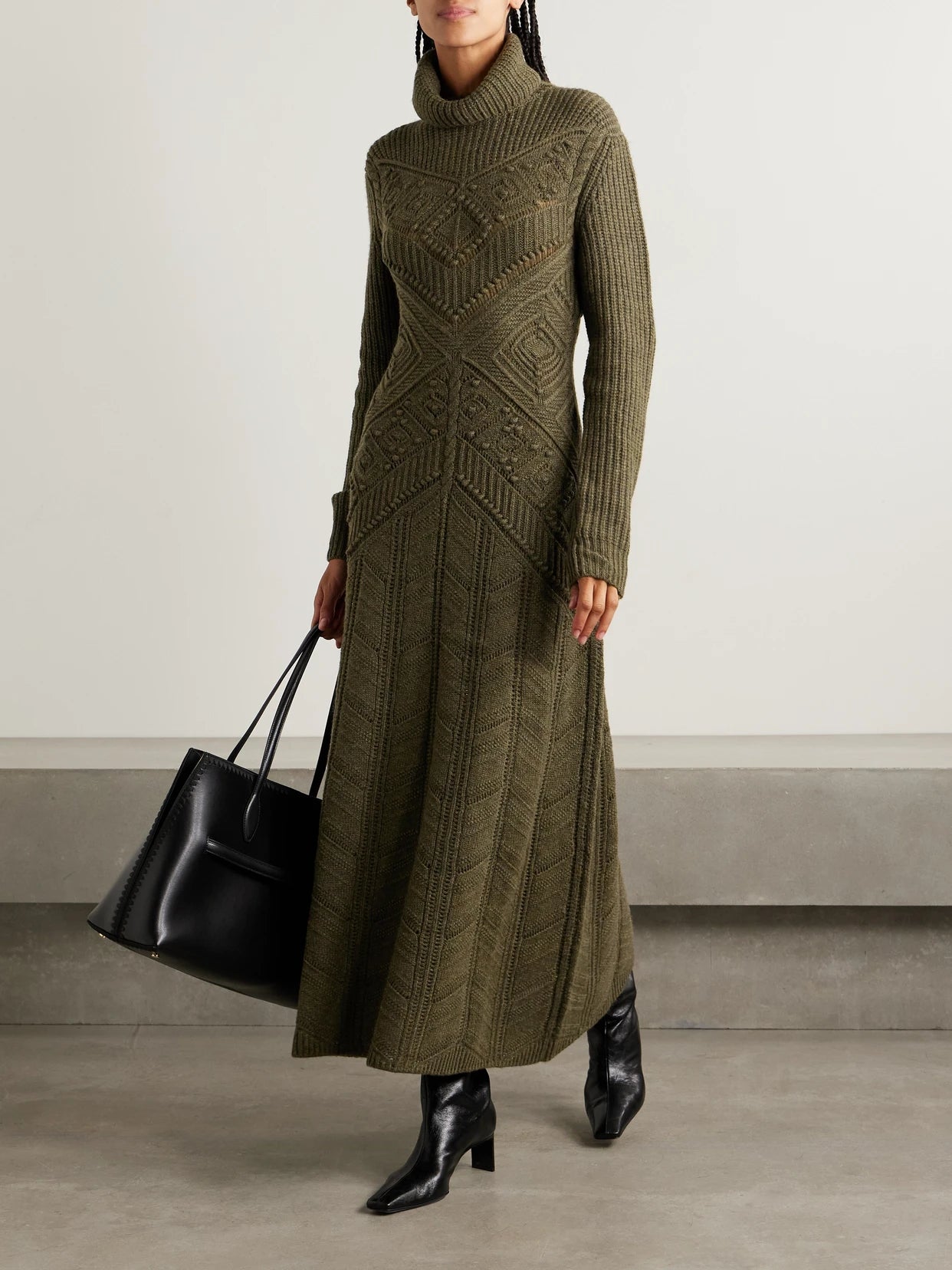 Image of Dresses. Product name - Cashmere Turtleneck Maxi Dress in Dark green colour by brand - Loro Piana