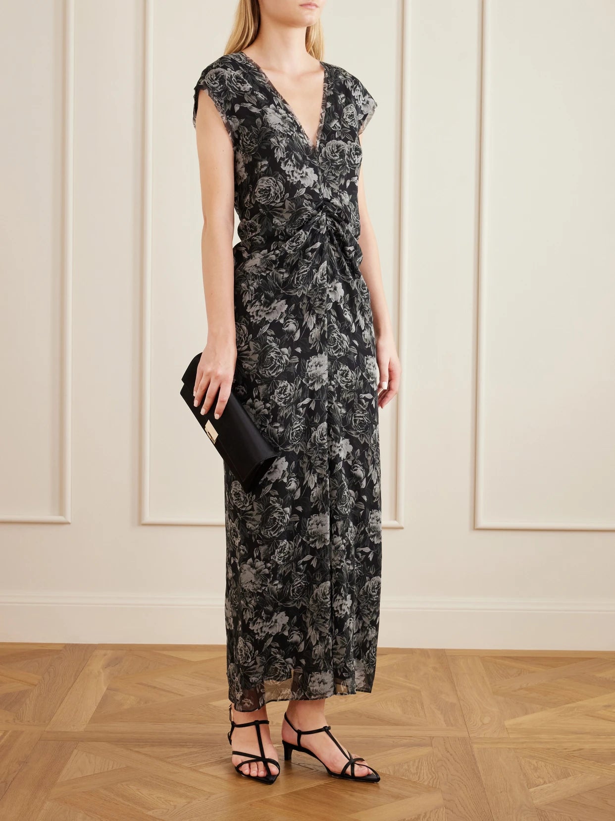 Image of Dresses. Product name - Luana Floral-print Ruched Silk Maxi Dress in Black colour by brand - TOVE