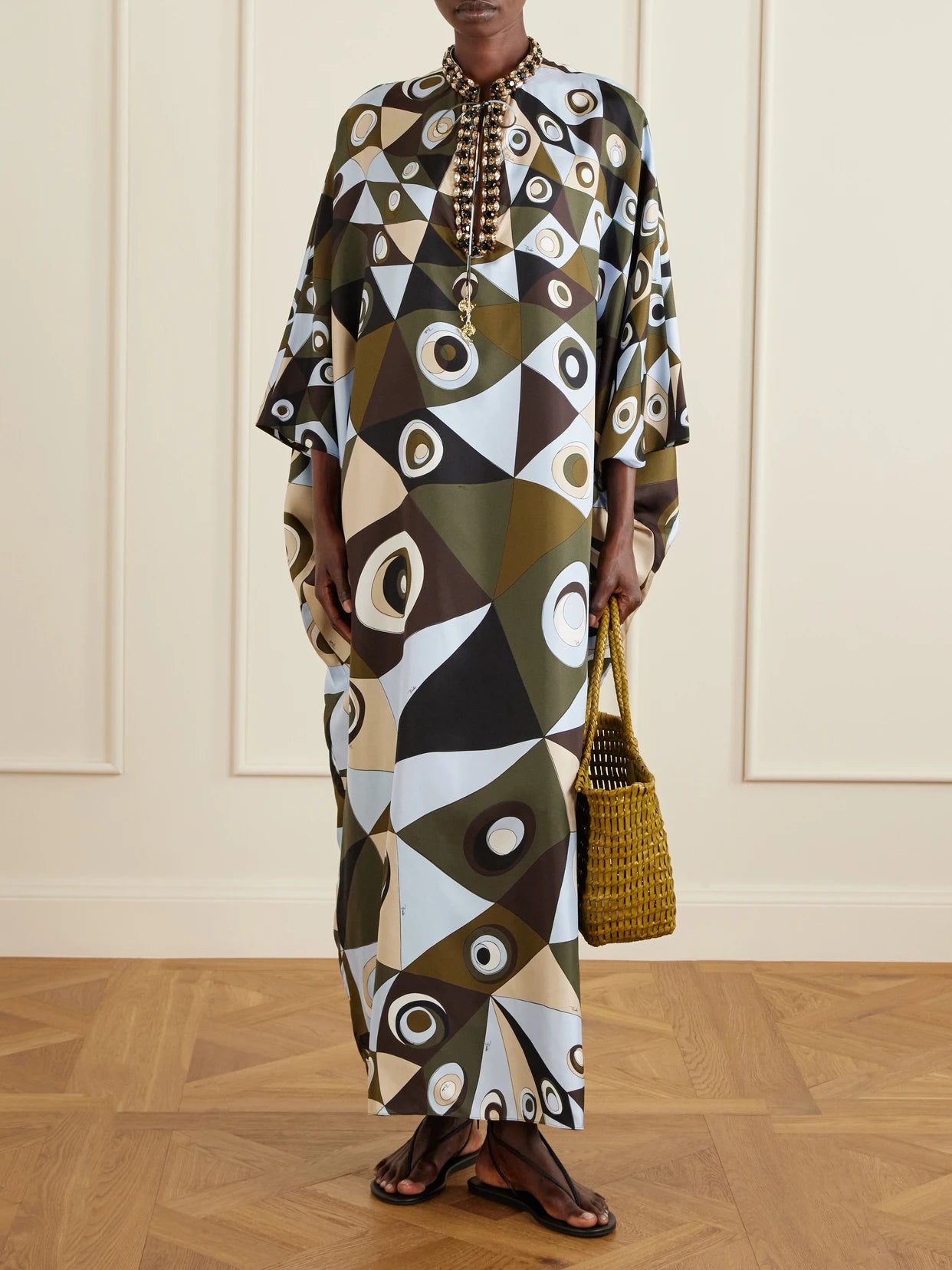 Image of Dresses. Product name - Embellished Printed Silk-twill Kaftan in Army green colour by brand - PUCCI
