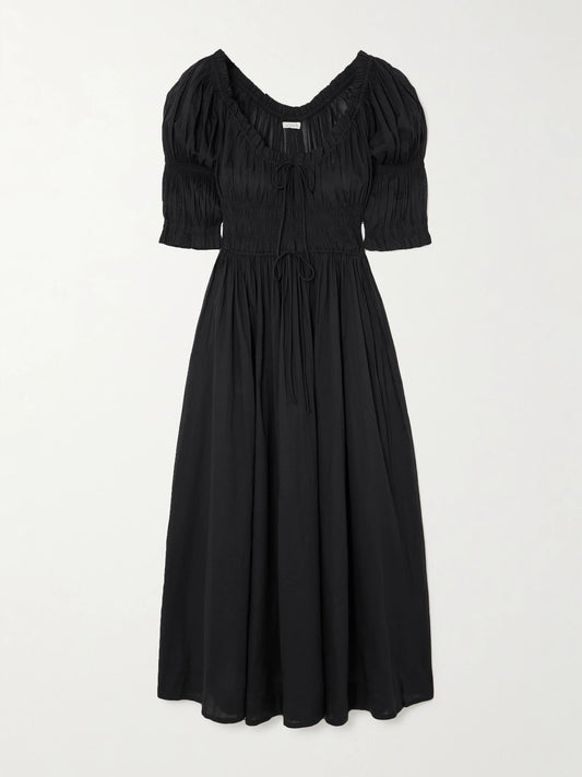Image of Dresses. Product name - Ischia Shirred Organic Cotton-voile Midi Dress in Black colour by brand - DÔEN