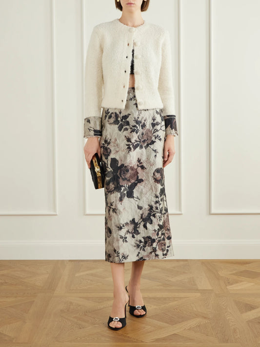 Image of a model wearing Skirts. Product name - Floral-print Crinkle Satin Midi Skirt in Gray colour by brand - Erdem