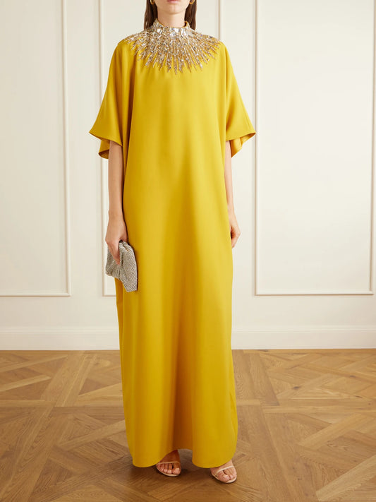 Image of Dresses. Product name - Dessert Blossom Crystal-embellished Crepe Gown in Yellow colour by brand - Jenny Packham