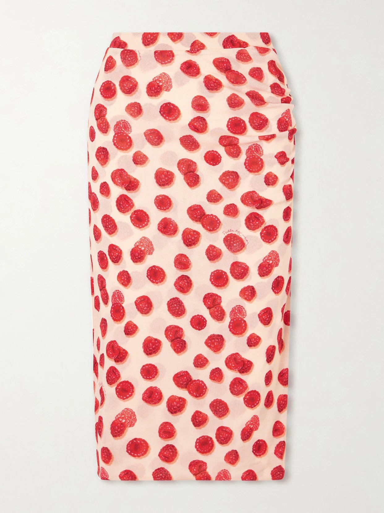 Image of a model wearing Skirts. Product name - Printed Mesh Midi Skirt in Coral colour by brand - Stella McCartney