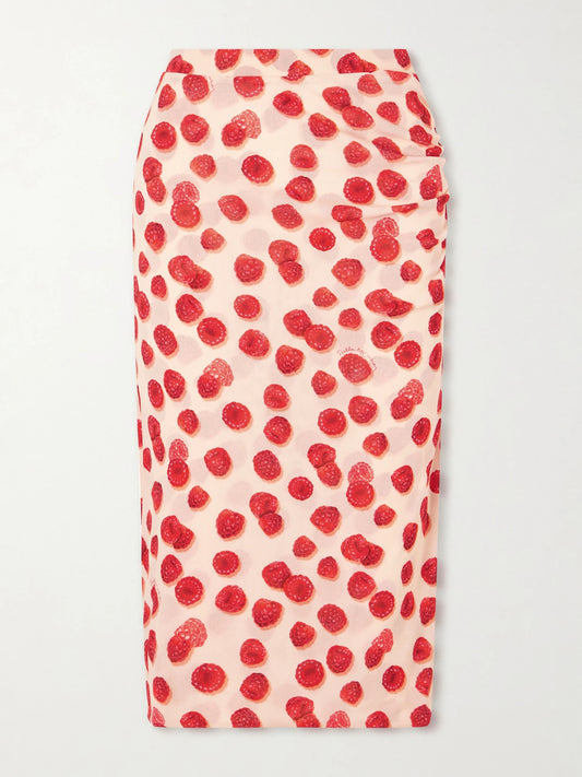Image of a model wearing Skirts. Product name - Printed Mesh Midi Skirt in Coral colour by brand - Stella McCartney