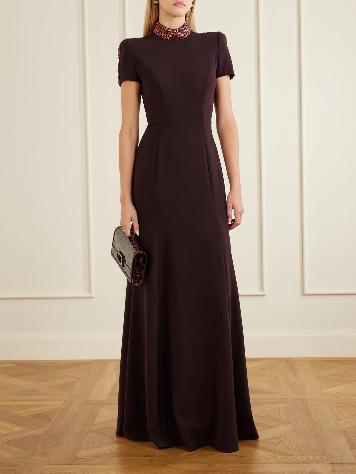 Image of Dresses. Product name - Mesa Embellished Crepe Gown in Burgundy colour by brand - Jenny Packham