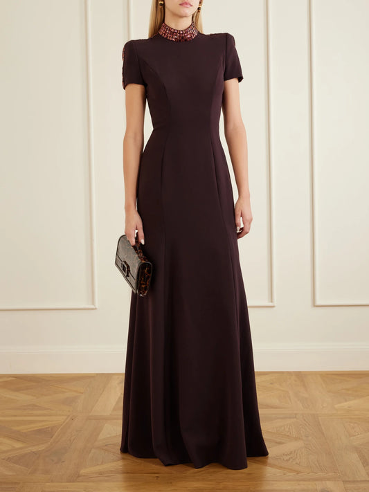 Image of Dresses. Product name - Mesa Embellished Crepe Gown in Burgundy colour by brand - Jenny Packham