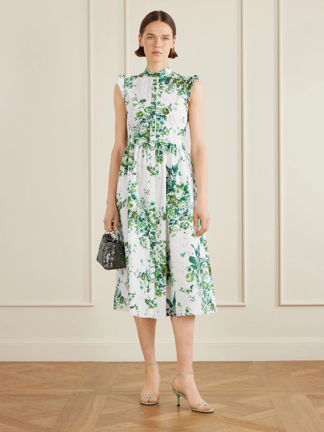 Image of Dresses. Product name - Ruffled Floral-print Cotton-poplin Midi Shirt Dress in Mint colour by brand - Erdem