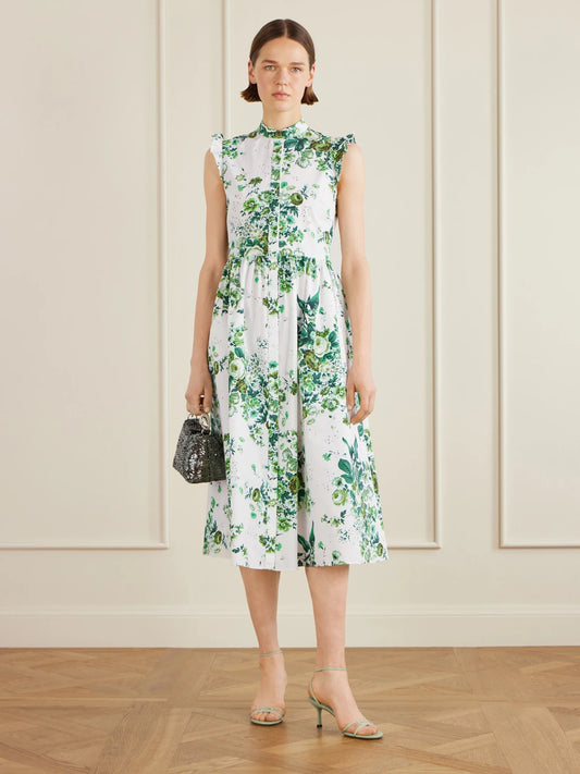 Image of Dresses. Product name - Ruffled Floral-print Cotton-poplin Midi Shirt Dress in Mint colour by brand - Erdem