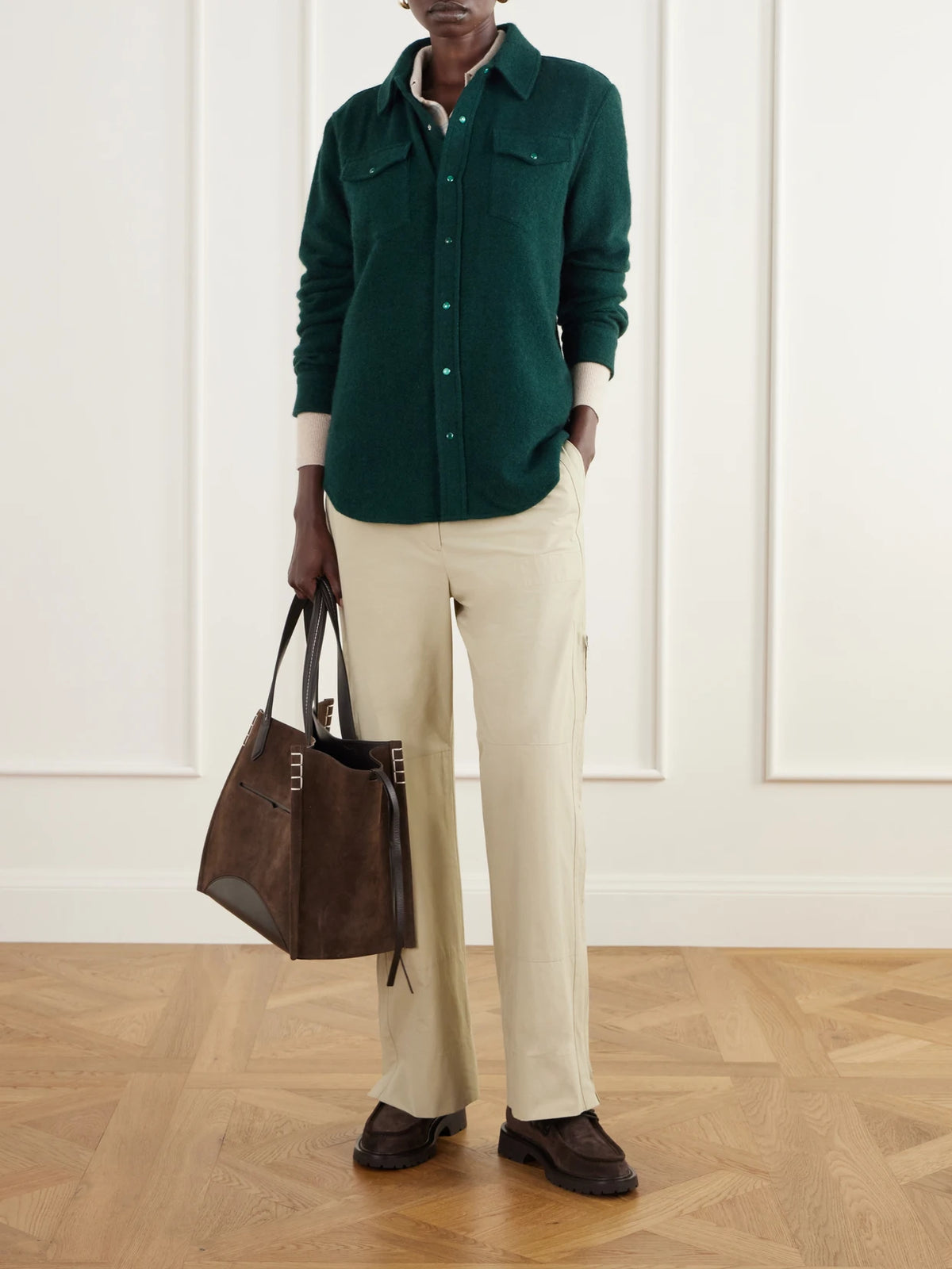 Image of a model wearing Tops. Product name - Malachite Basketweave Brushed Cashmere Shirt in Emerald colour by brand - God's True Cashmere