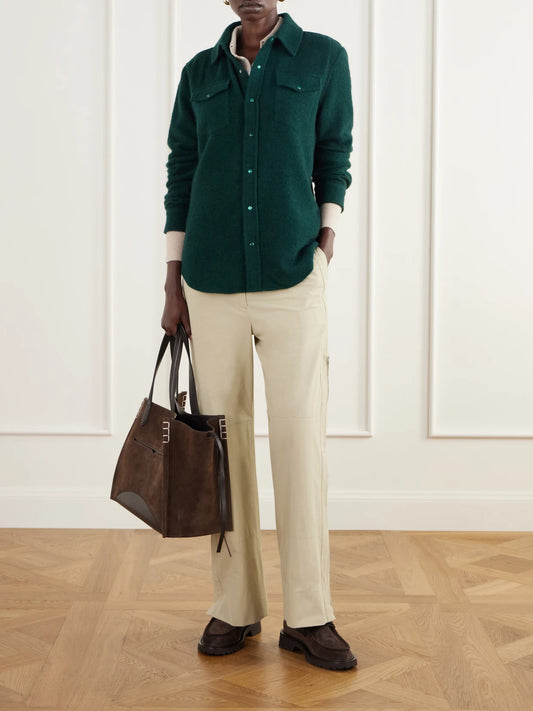 Image of a model wearing Tops. Product name - Malachite Basketweave Brushed Cashmere Shirt in Emerald colour by brand - God's True Cashmere