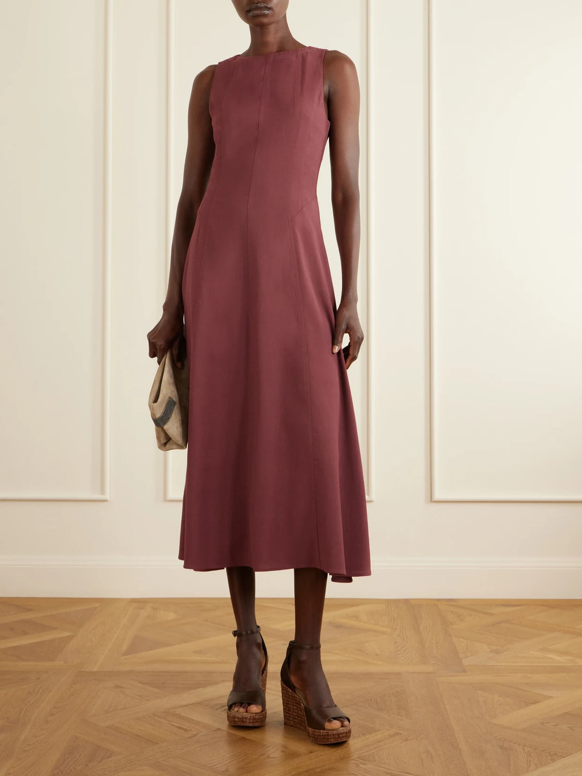 Image of Shoes. Product name - Embellished Leather Platform Wedge Espadrille Sandals in Chocolate colour by brand - Brunello Cucinelli