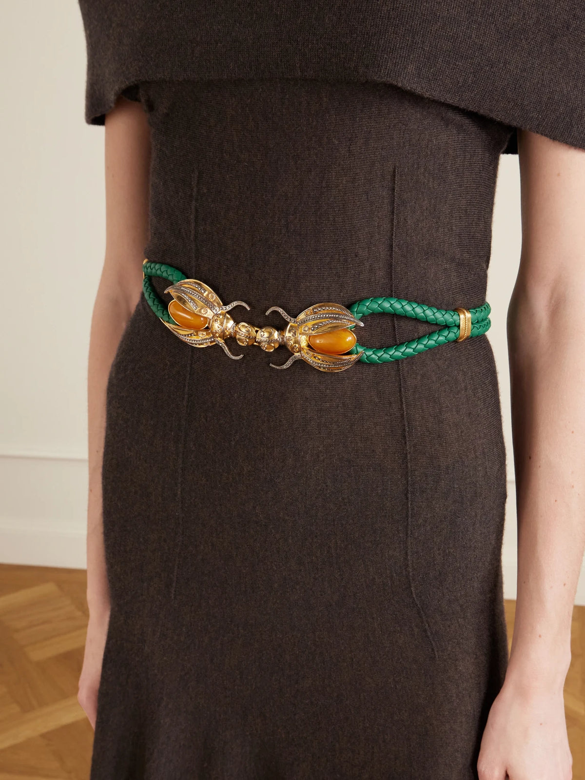 Image of Belts. Product name - Scarab Gold-tone And Woven Leather Belt in Emerald colour by brand - Sonia Petroff