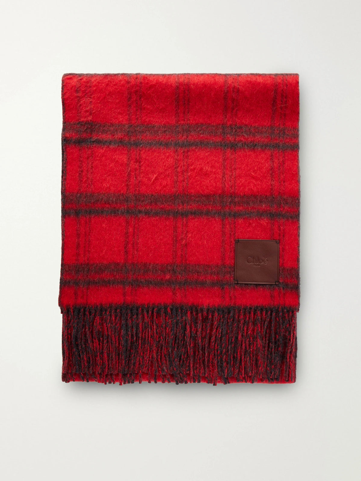 Chloé Logo-debossed Fringed Checked Leather-trimmed Alpaca And Wool-blend Scarf