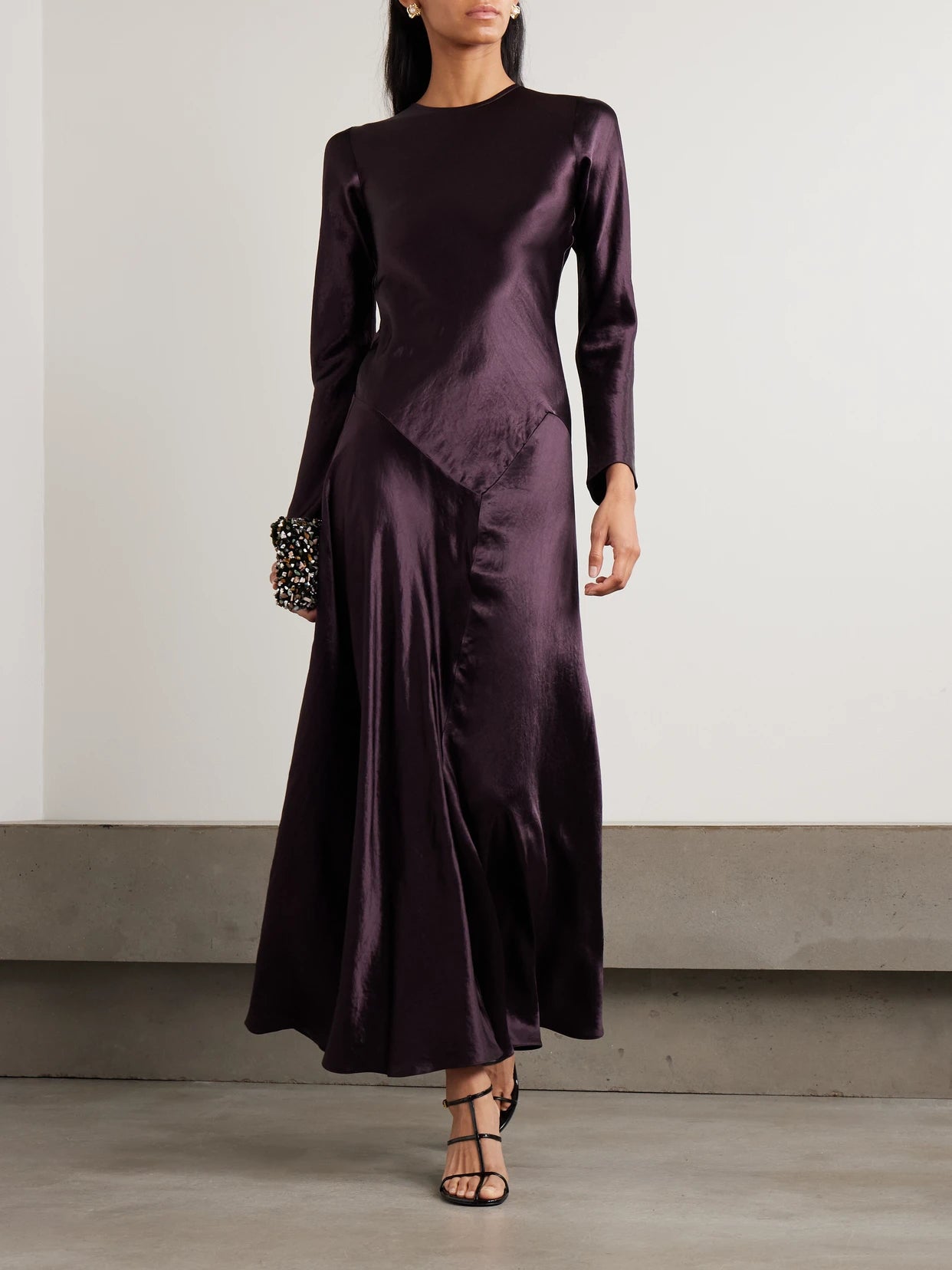 Image of Dresses. Product name - Yara Paneled Hammered-satin Maxi Dress in Burgundy colour by brand - Abadia