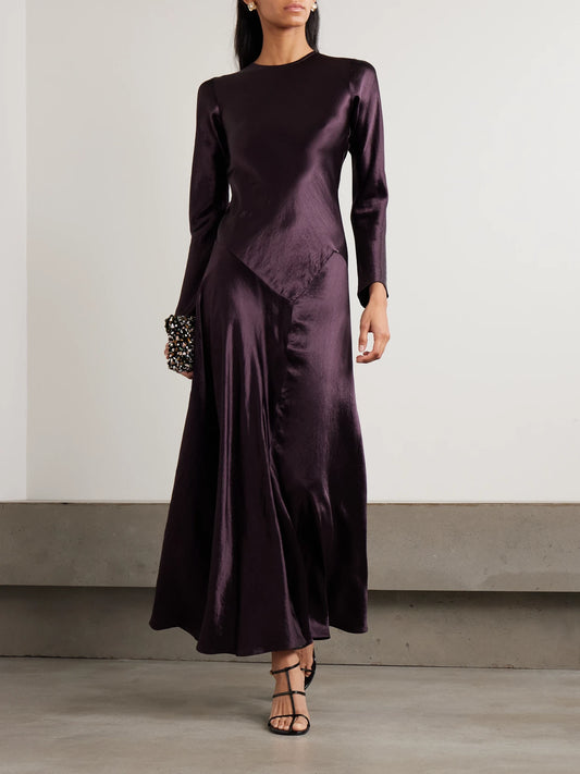 Image of Dresses. Product name - Yara Paneled Hammered-satin Maxi Dress in Burgundy colour by brand - Abadia