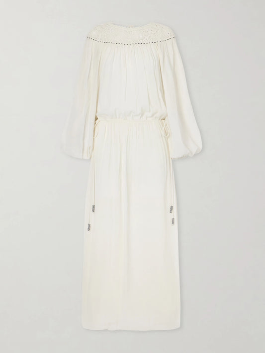Image of Dresses. Product name - Nydia Lace-trimmed Bead-embellished Silk-chiffon Midi Dress in Ecru colour by brand - ISABEL MARANT