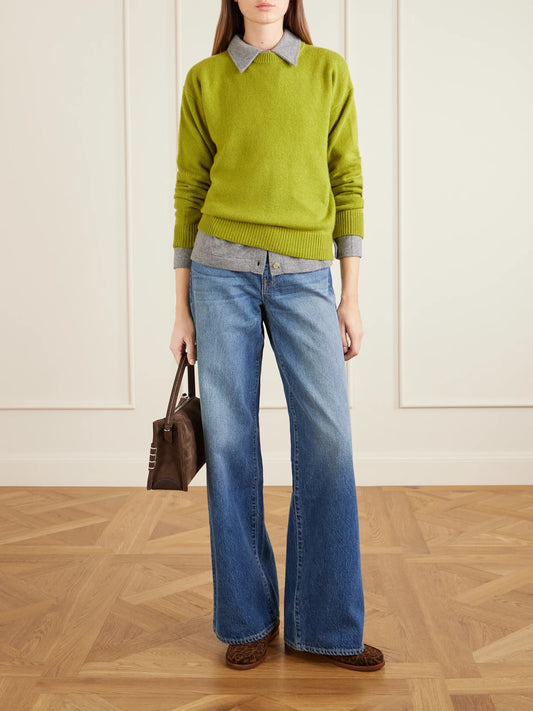 Image of a model wearing Outerwear. Product name - Zuma Cashmere Sweater in Green colour by brand - The Elder Statesman